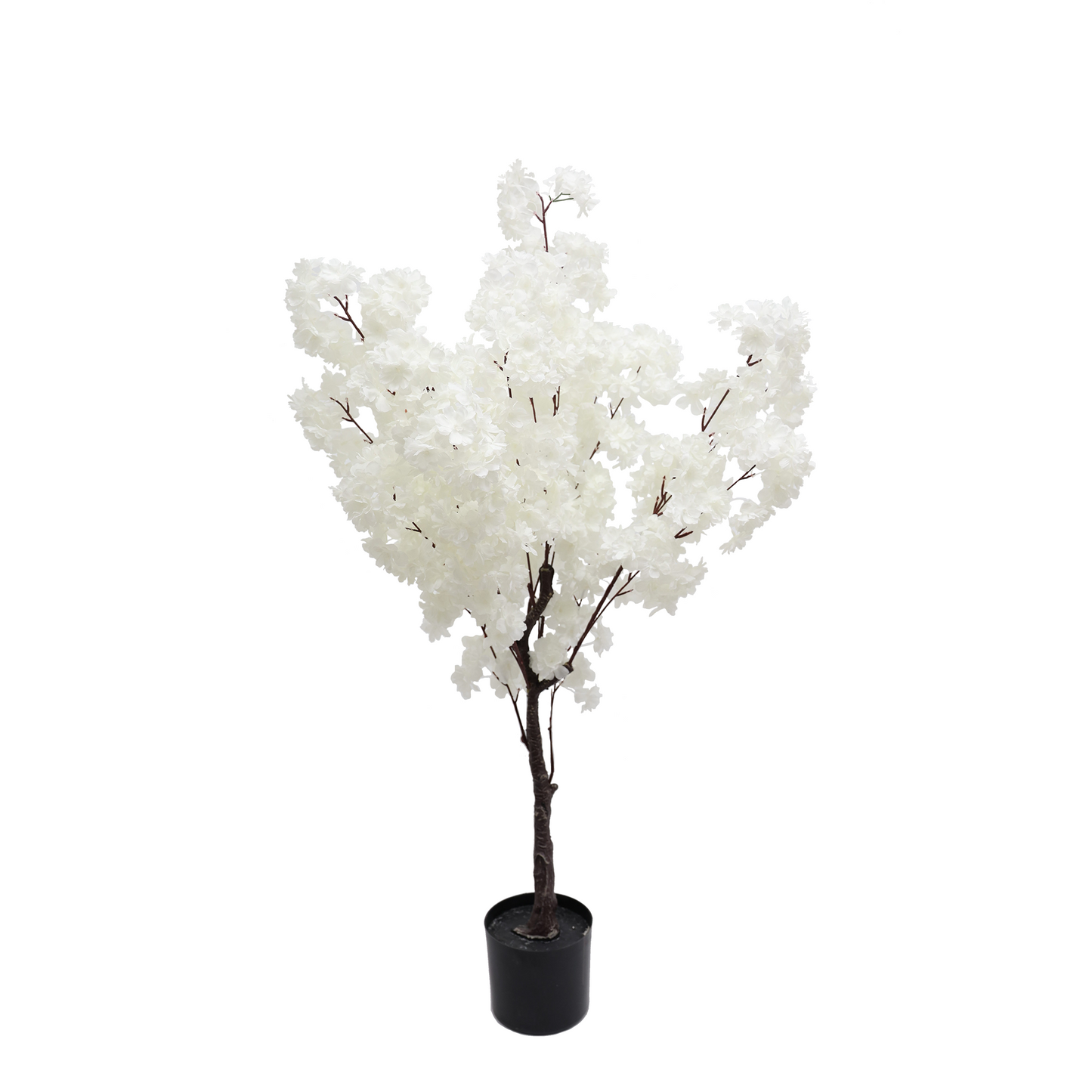 An artificial white cherry tree in full bloom, with a trunk and branches, placed in a black pot.
