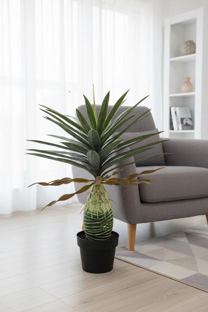 Veštačka biljka ananas 80 cm pored sive fotelje u dnevnoj sobi