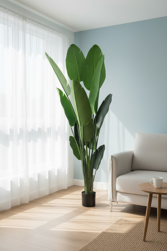 Veštačka biljka banana 220 cm uz plavi zid i fotelju