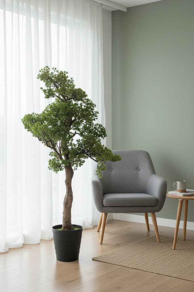 Veštački bonsai 120 cm pored sive fotelje i prozora