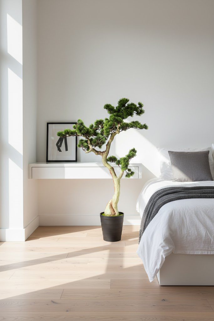 Veštački bonsai 120 cm u spavaćoj sobi pored kreveta