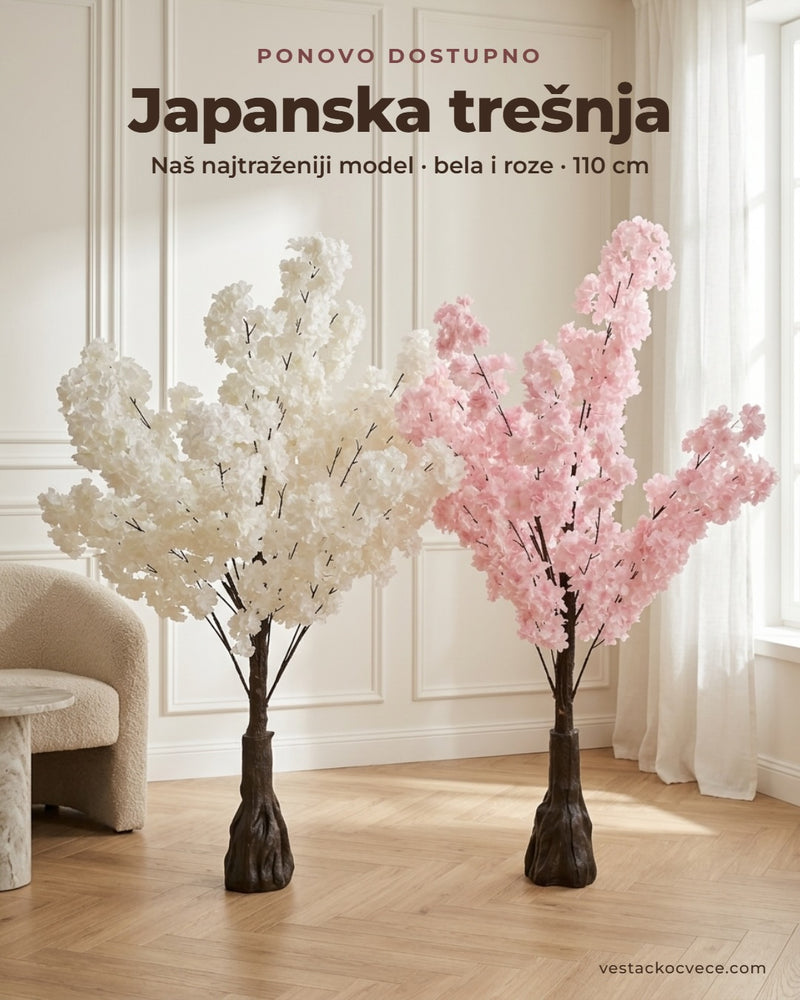 Veštačka japanska trešnja 110 cm, bela i roze, u dnevnoj sobi
