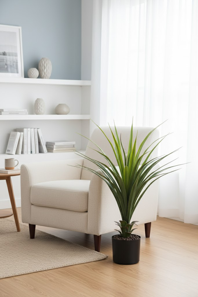 Veštačka dracena 70 cm u crnoj saksiji pored fotelje
