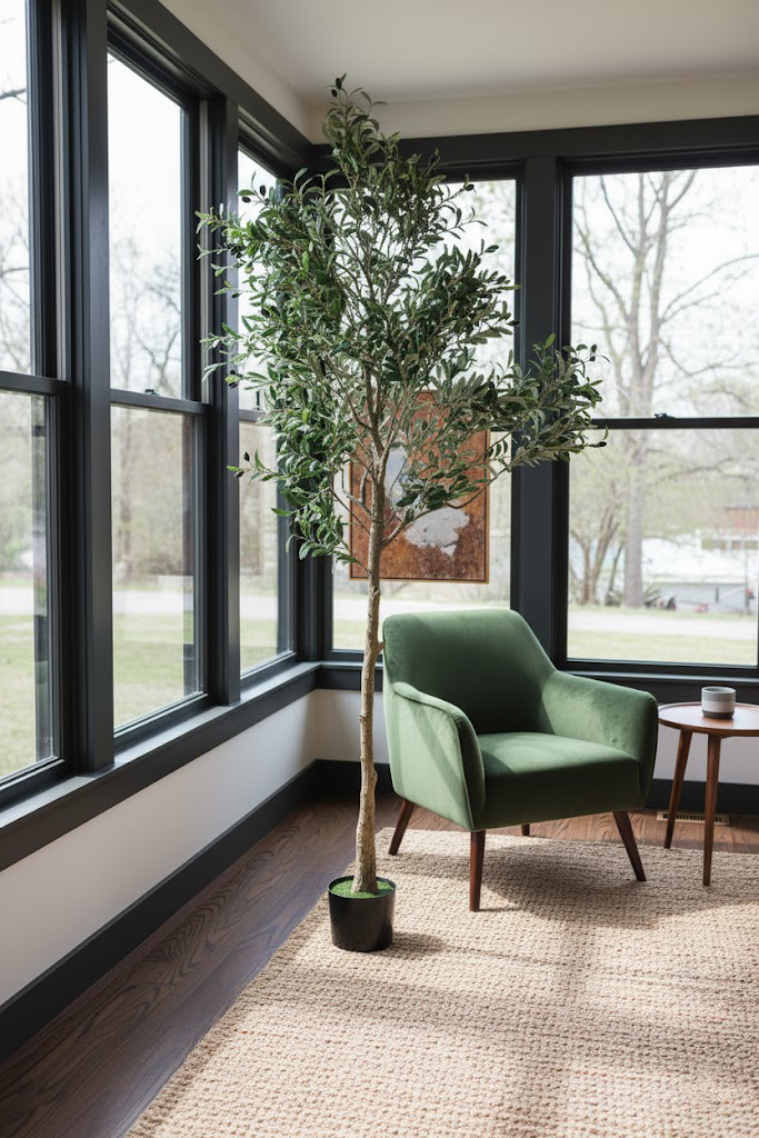 Green olive tree in a room with large windows, a plant, and a small table.