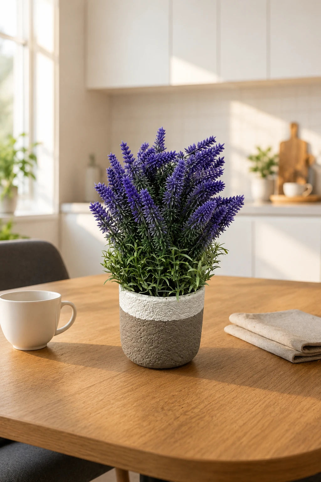 Veštačka lavanda u sivo-beloj saksiji na trpezarijskom stolu u kuhinji