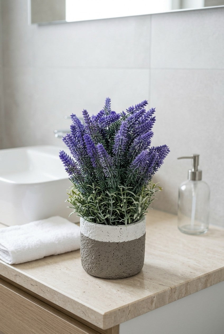 Veštačka lavanda u saksiji na kamenom pultu u kupatilu pored lavaboa