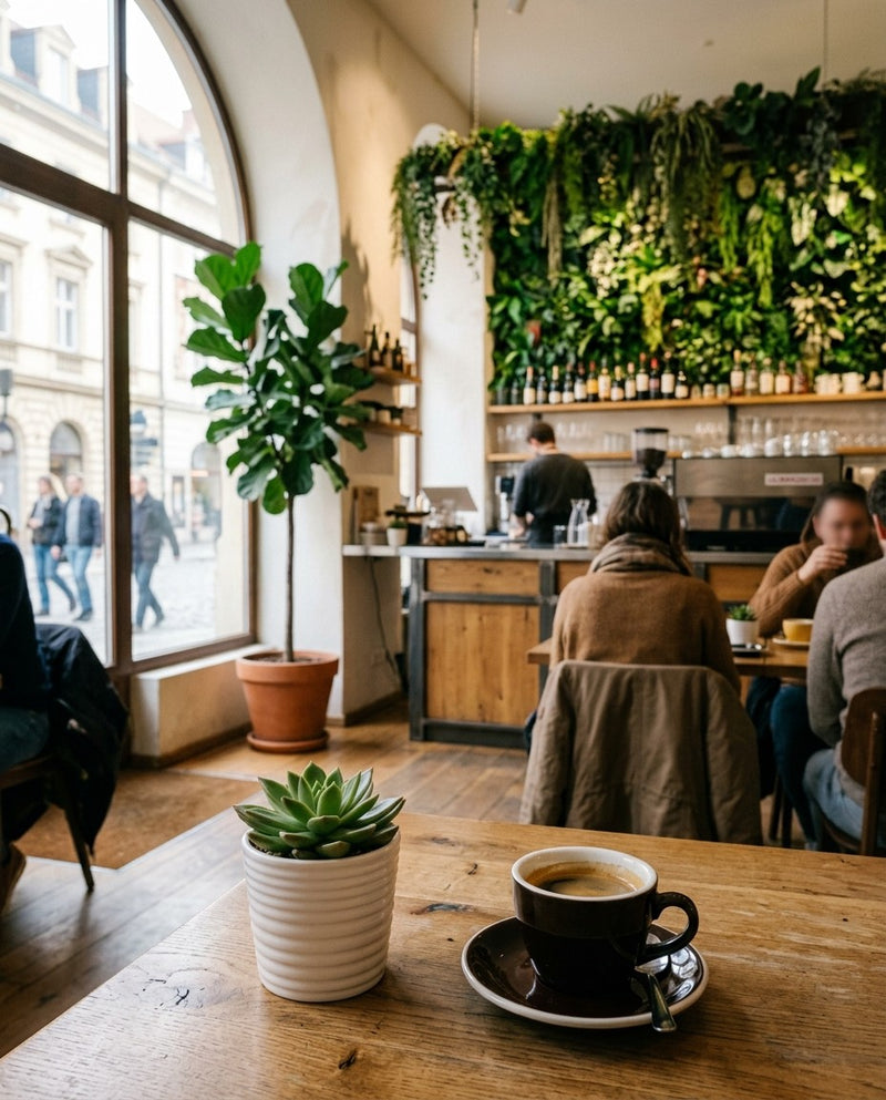 Veštačke biljke u kafiću – sukulent na stolu pored šoljice kafe i zeleni zid iza šanka
