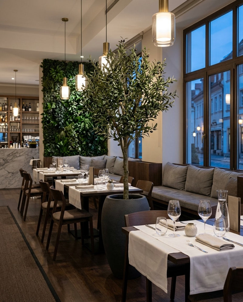 Veštačko maslinovo drvo u velikoj saksiji i zeleni zid u enterijeru restorana