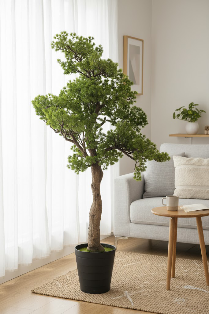 Veštački bonsai sa gustom krošnjom 120 cm pored kauča u dnevnoj sobi